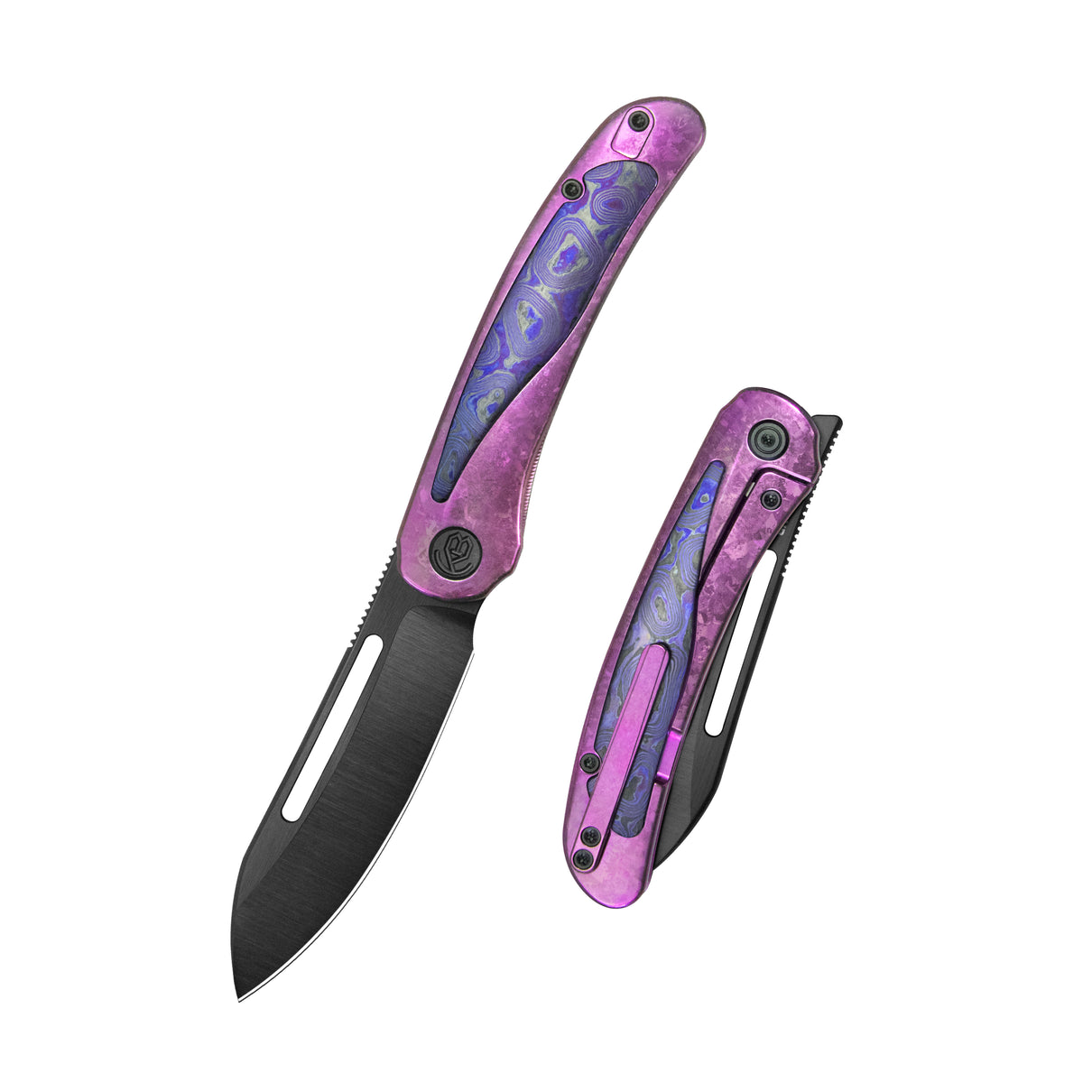KB Finesse Folding Knife Purple Ano Crystallized Titanium with Zircuti inlay Handle 3.54" DLC Belt Satin Bohler M390 Blade KB399E