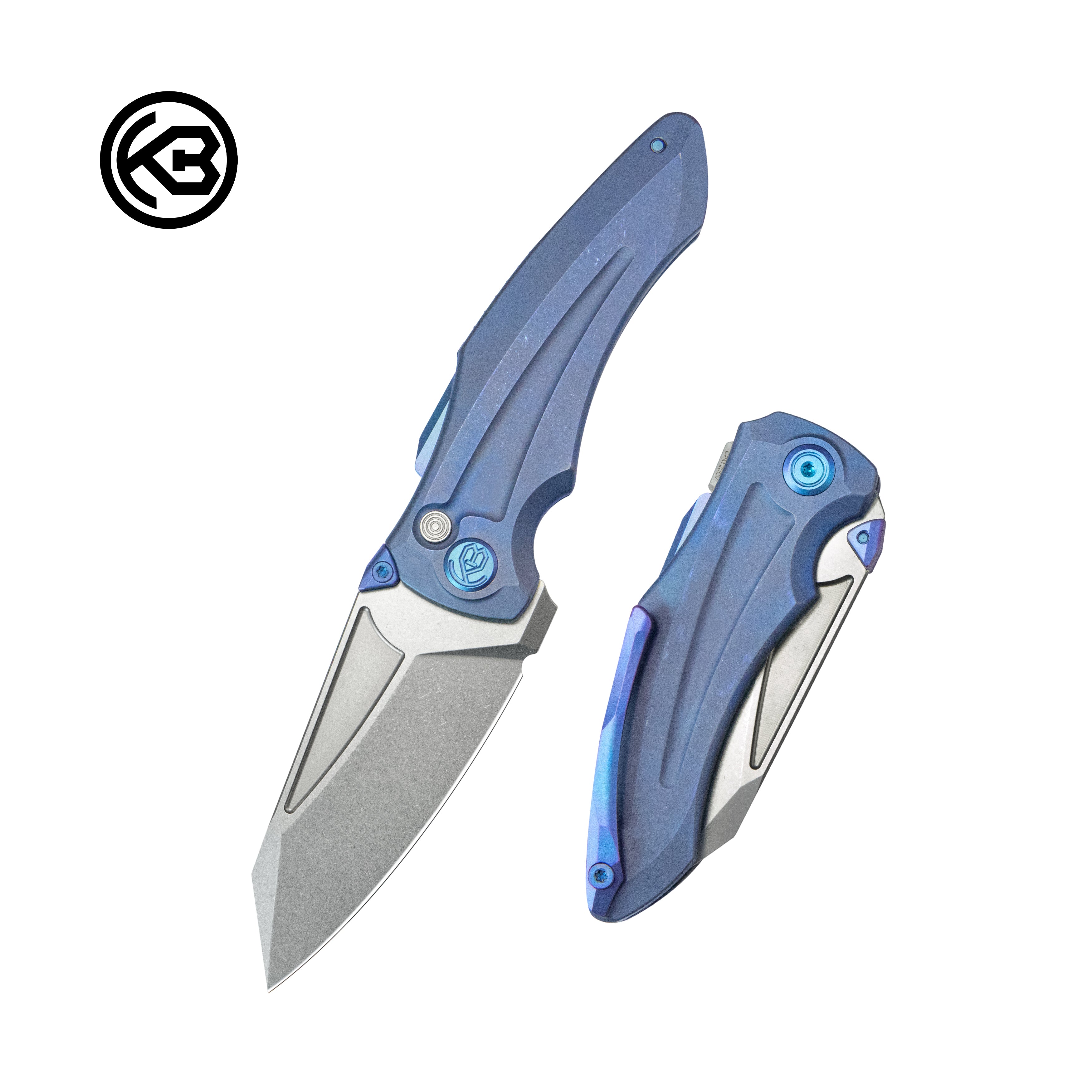 Jake Hoback Design Sumo Button Lock Folding Knife Blue Titanium Handle 3.15" Stonewash CPM 20CV Blade KB400C