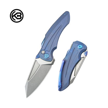 Jake Hoback Design Sumo Button Lock Folding Knife Blue Titanium Handle 3.15" Stonewash CPM 20CV Blade KB400C