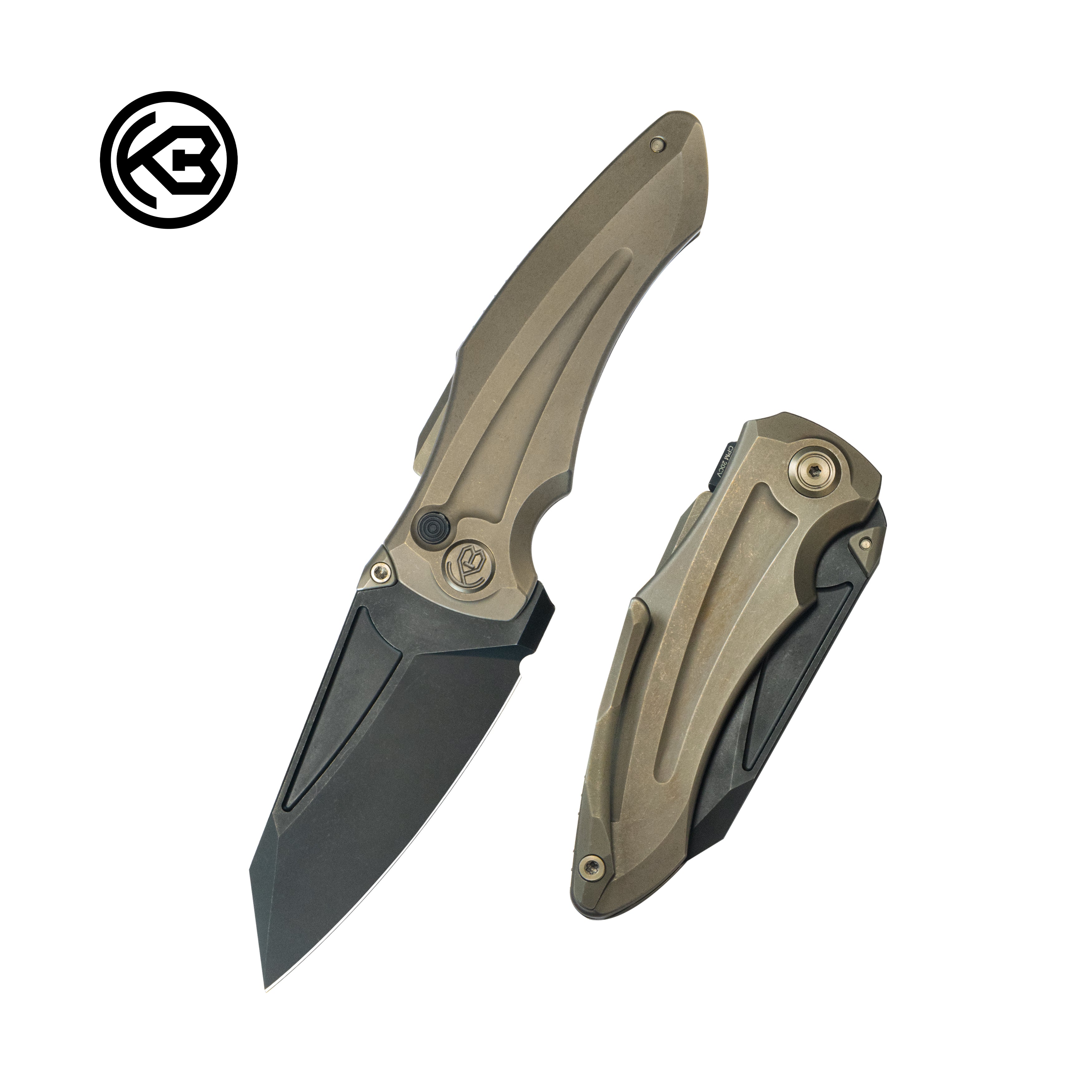 Jake Hoback Design Sumo Button Lock Folding Knife Bronze Titanium Handle 3.15" Blackwash CPM 20CV Blade KB400D