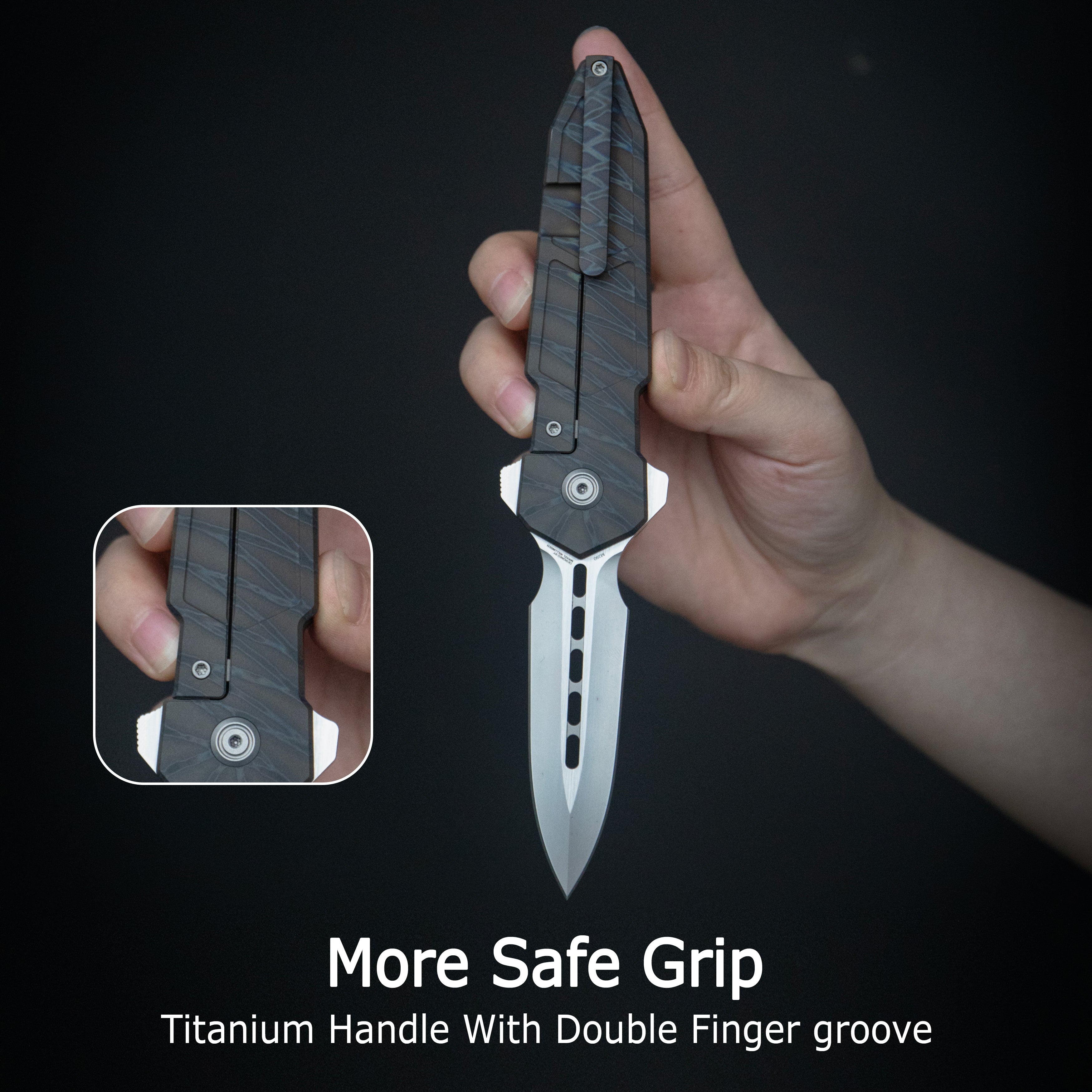 KB Urban Dagger Double Edge Folding Knife Gray Titanium Handle 3.19'' Satin & Beadblast M390 Blade KB416A