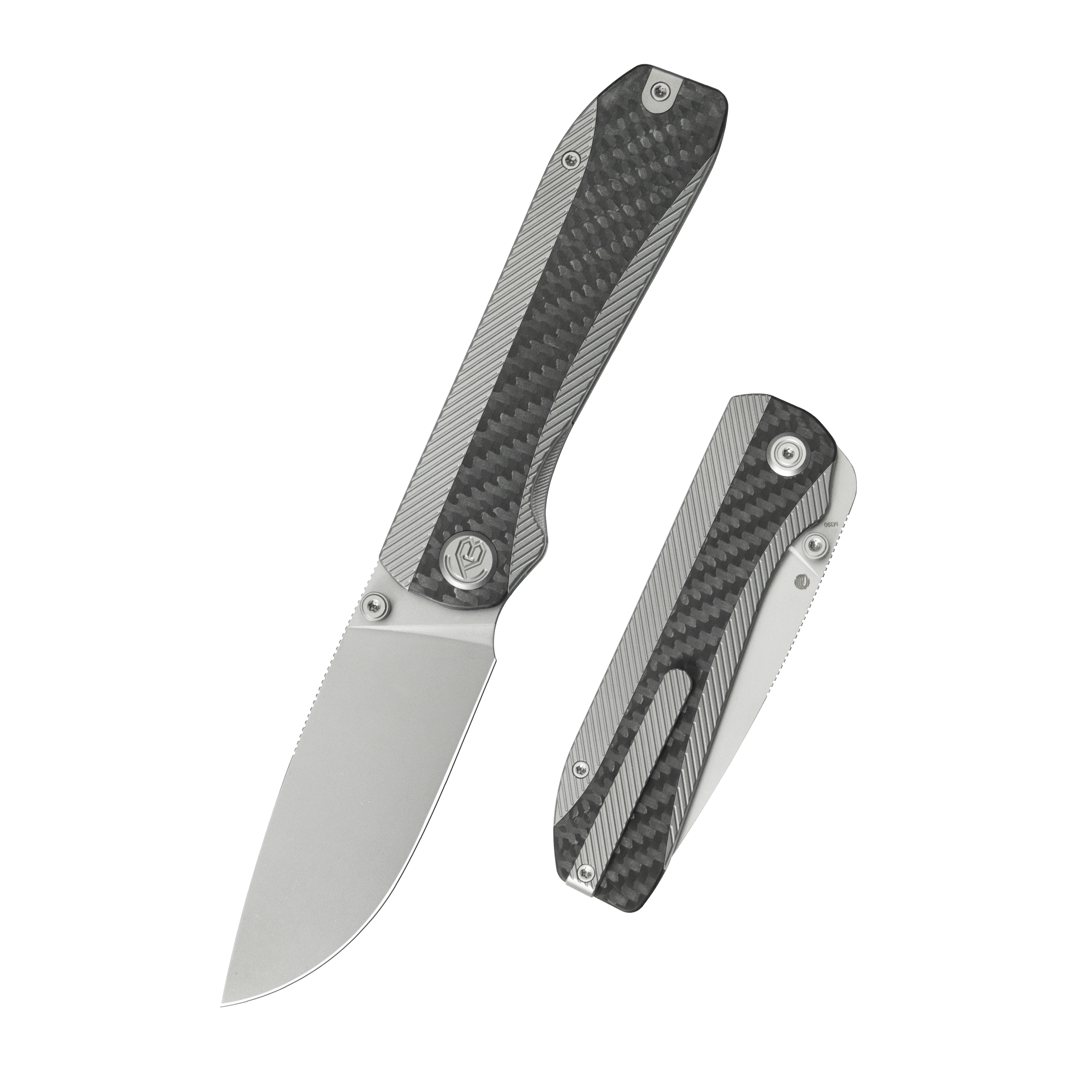 KB Zephyr Folding Pocket Knife Gray Titanium with Wave CF Inlay 4.65" Silver Beadblast M390 KB431A