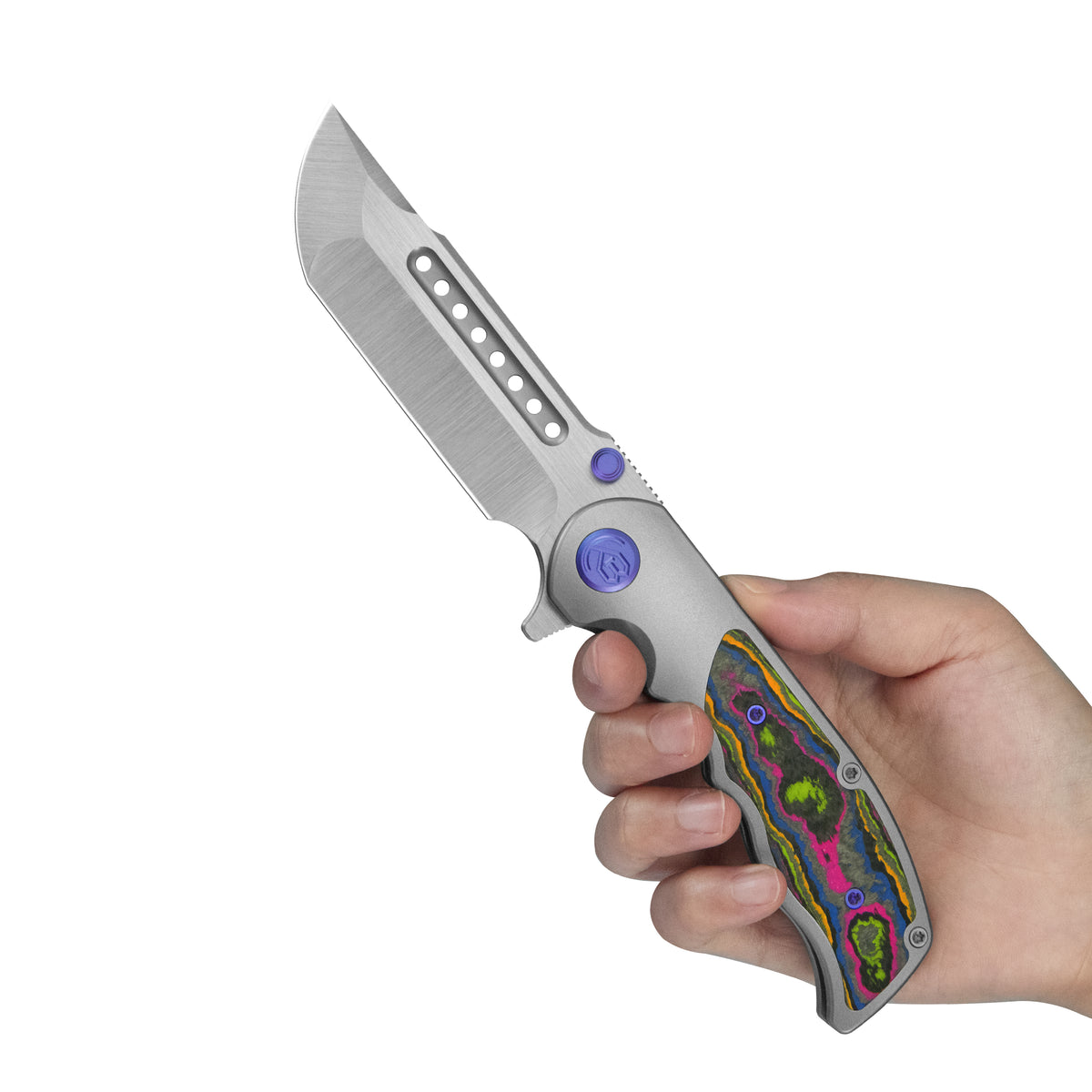KB Predator Folding Knife Sandblasting Titanium with 80's Camo Carbon inlay Handle 3.46'' Belt Satin Bohler M390 Blade KB436A