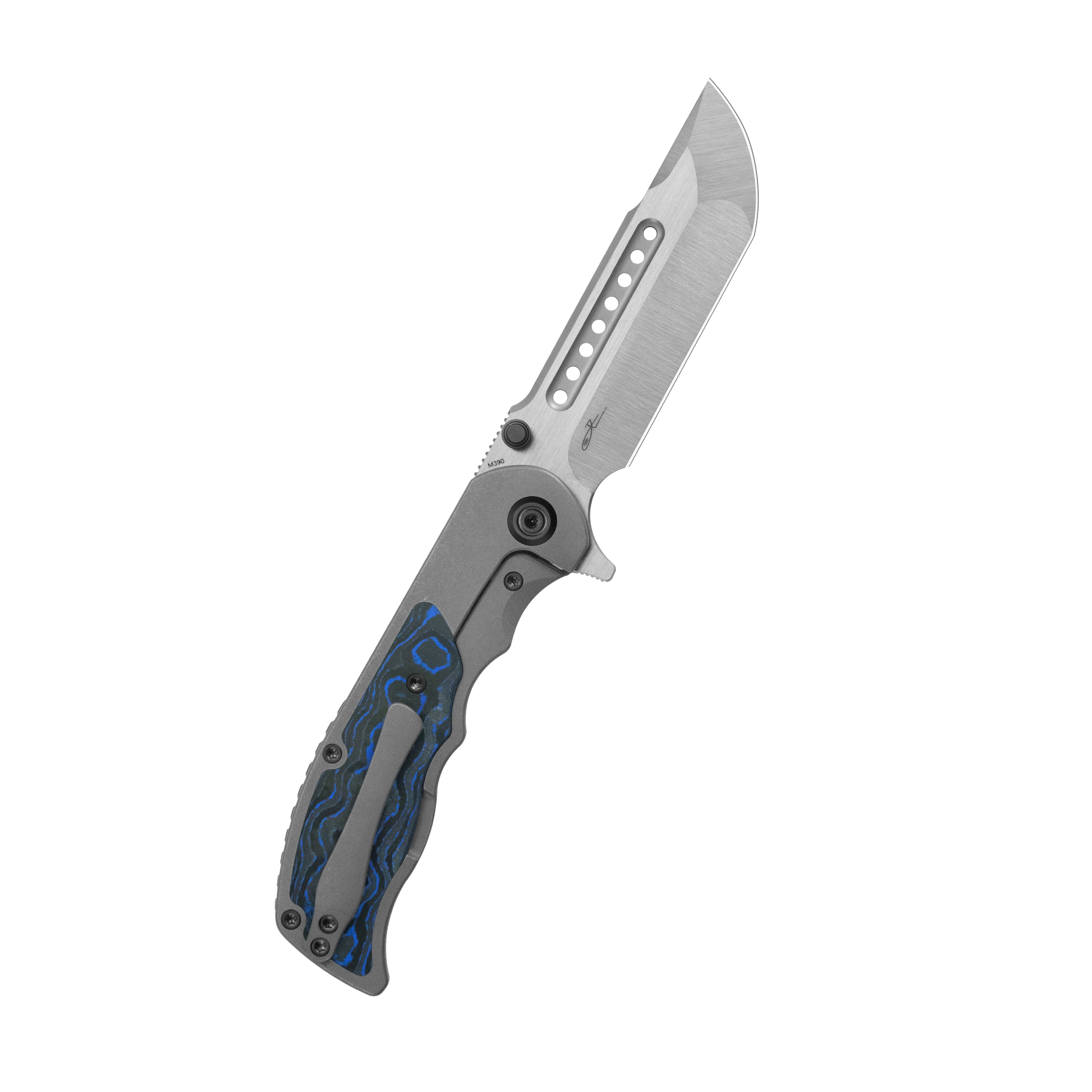 KB Predator Folding Knife Darkwash Titanium with Electric Blue Camo Carbon inlay Handle 3.46'' Belt Satin Bohler M390 Blade KB436B