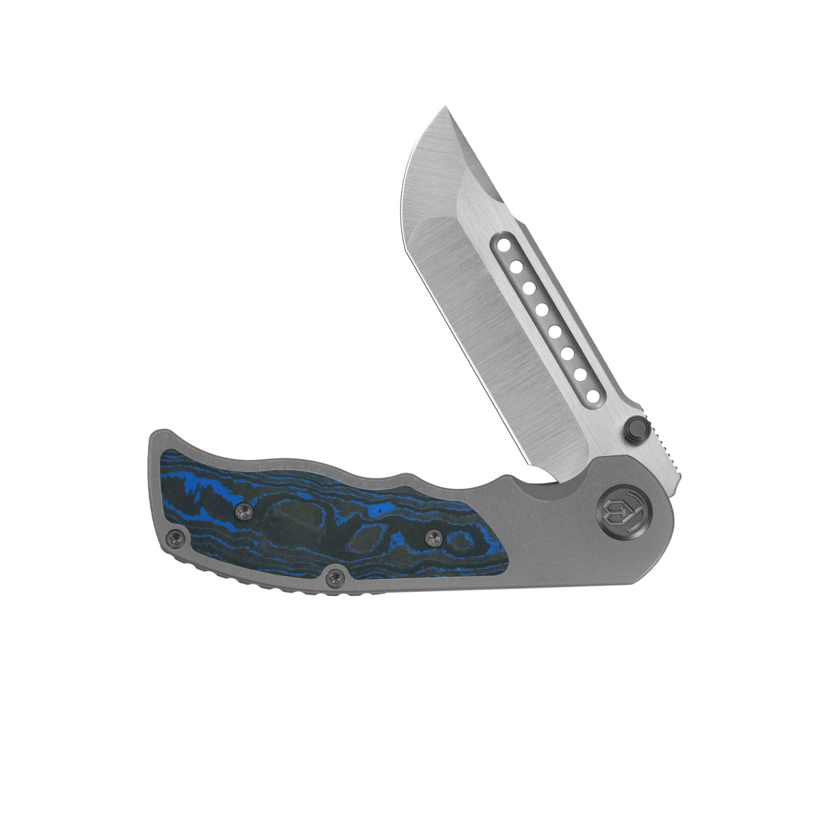 KB Predator Folding Knife Darkwash Titanium with Electric Blue Camo Carbon inlay Handle 3.46'' Belt Satin Bohler M390 Blade KB436B