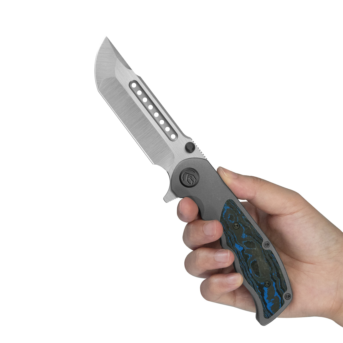 KB Predator Folding Knife Darkwash Titanium with Electric Blue Camo Carbon inlay Handle 3.46'' Belt Satin Bohler M390 Blade KB436B