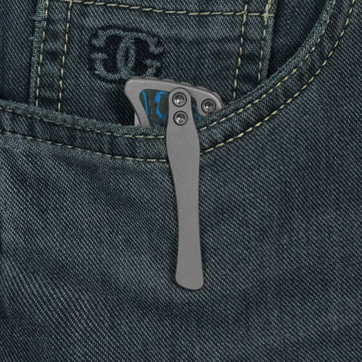 KB Predator Folding Knife Darkwash Titanium with Electric Blue Camo Carbon inlay Handle 3.46'' Belt Satin Bohler M390 Blade KB436B