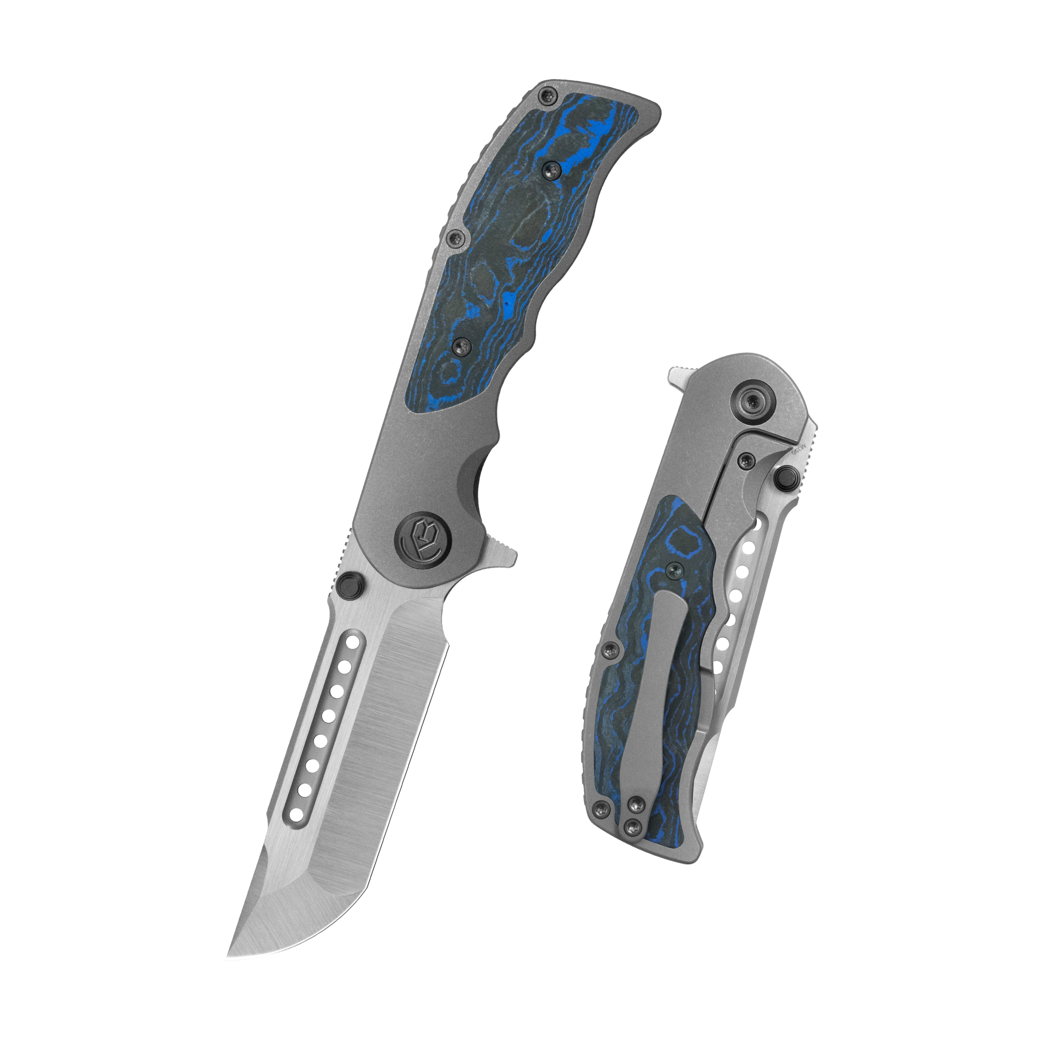 KB Predator Folding Knife Darkwash Titanium with Electric Blue Camo Carbon inlay Handle 3.46'' Belt Satin Bohler M390 Blade KB436B