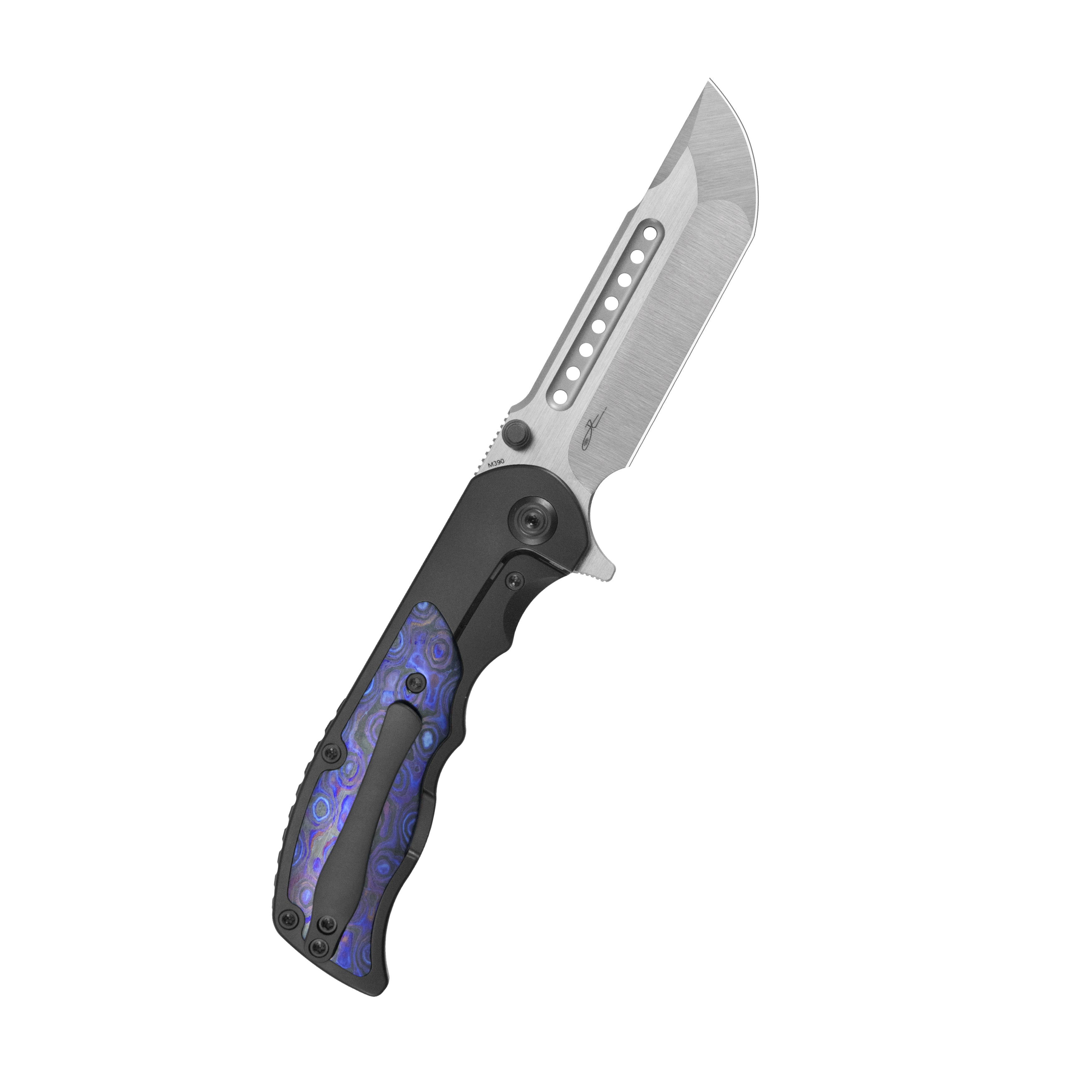 KB Predator Folding Knife DLC Titanium with Zircuti inlay Handle 3.46'' Belt Satin Bohler M390 Blade KB436C