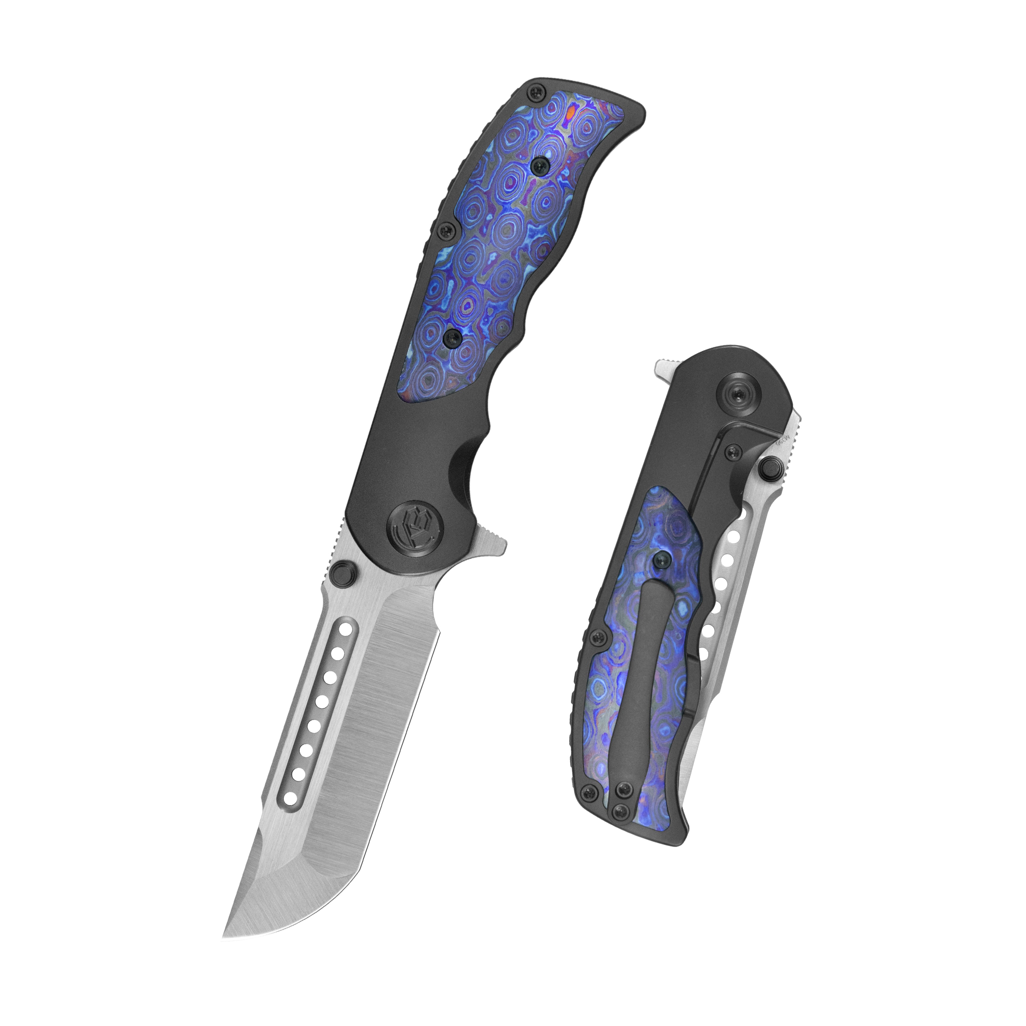 KB Predator Folding Knife DLC Titanium with Zircuti inlay Handle 3.46'' Belt Satin Bohler M390 Blade KB436C
