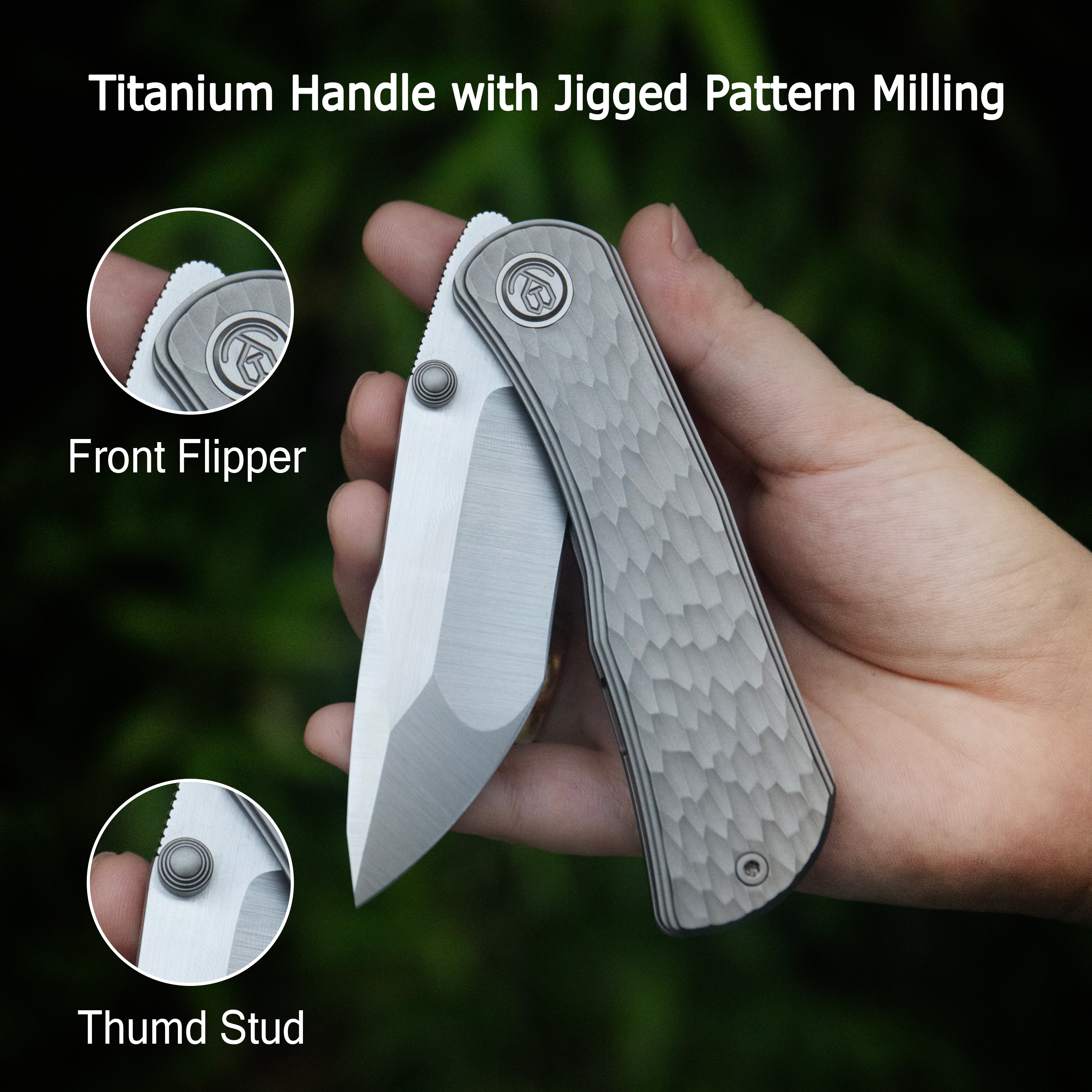 KB Folklore Folding Knife Regular DLC Titanium w/ Jigged Pattern Milling Handle 3.42'' Belt Satin M390 Blade KB444C