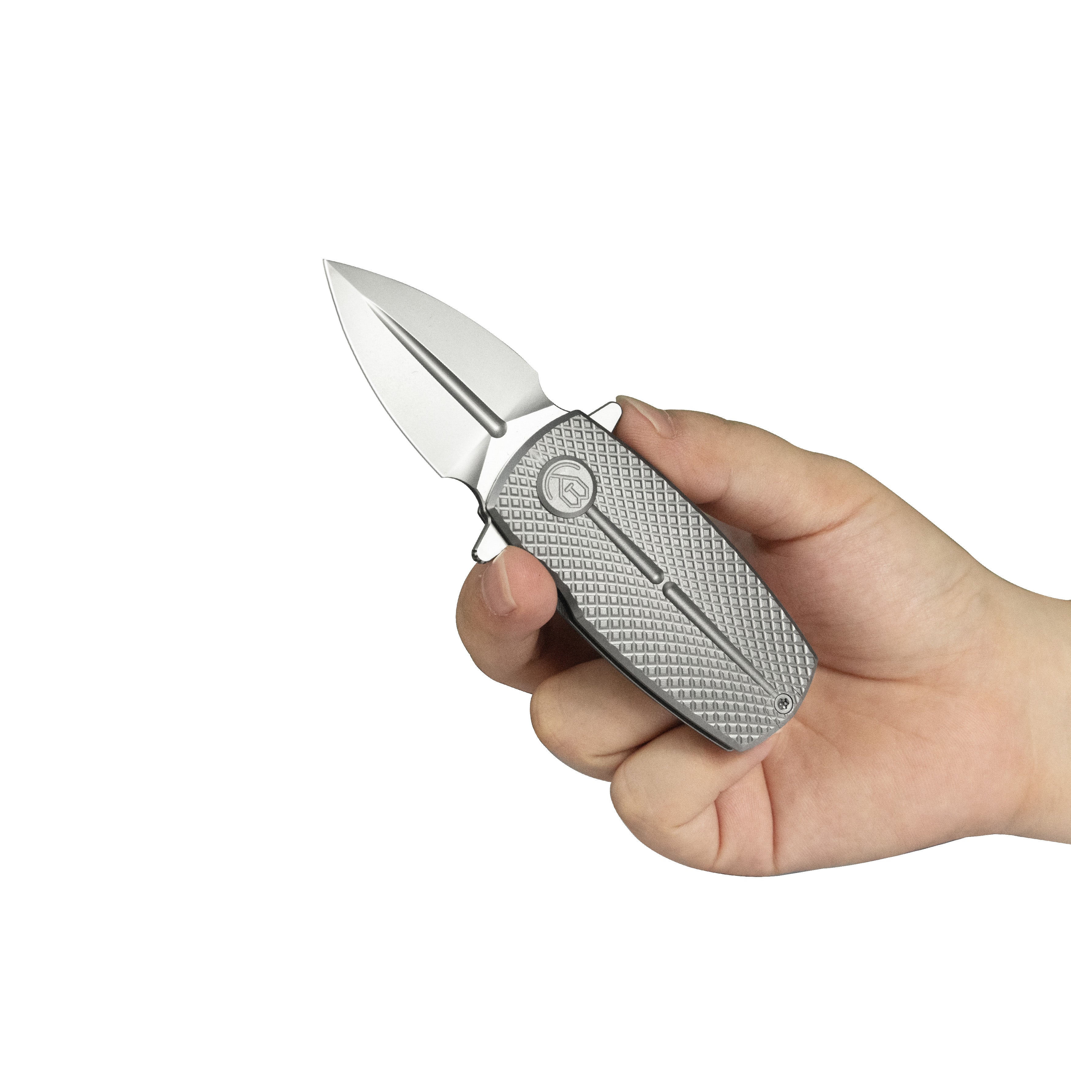 KB Fang Mini Pocket Knife Grey Titanium with Diamond Milling 1.97" Beadblast M390 Blade KB451A