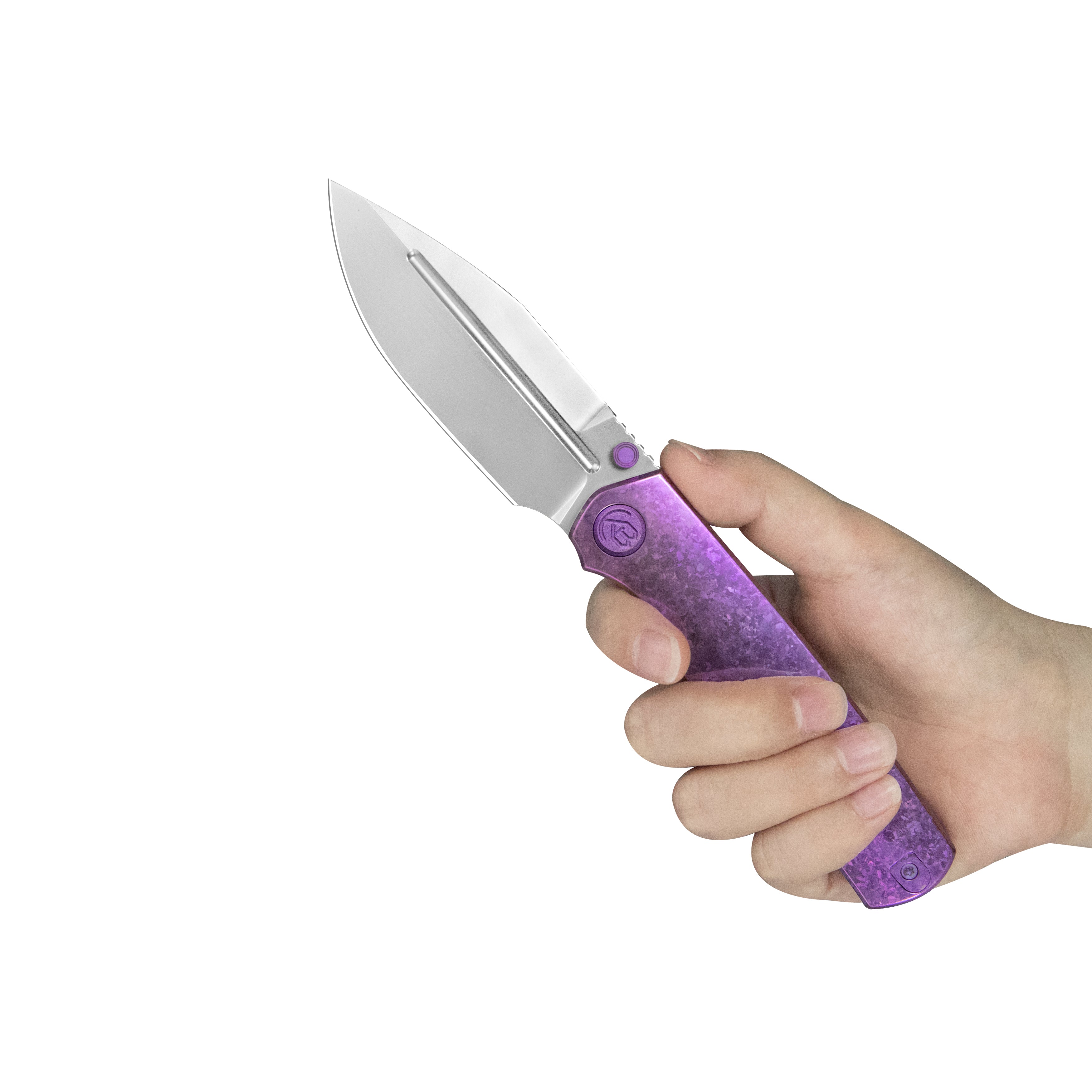 KB Albatross Tactical Folding Knife Purple Ano Crystallized Titanium with Micro Milling 3.74" Silver Beadblast M390 KB471E