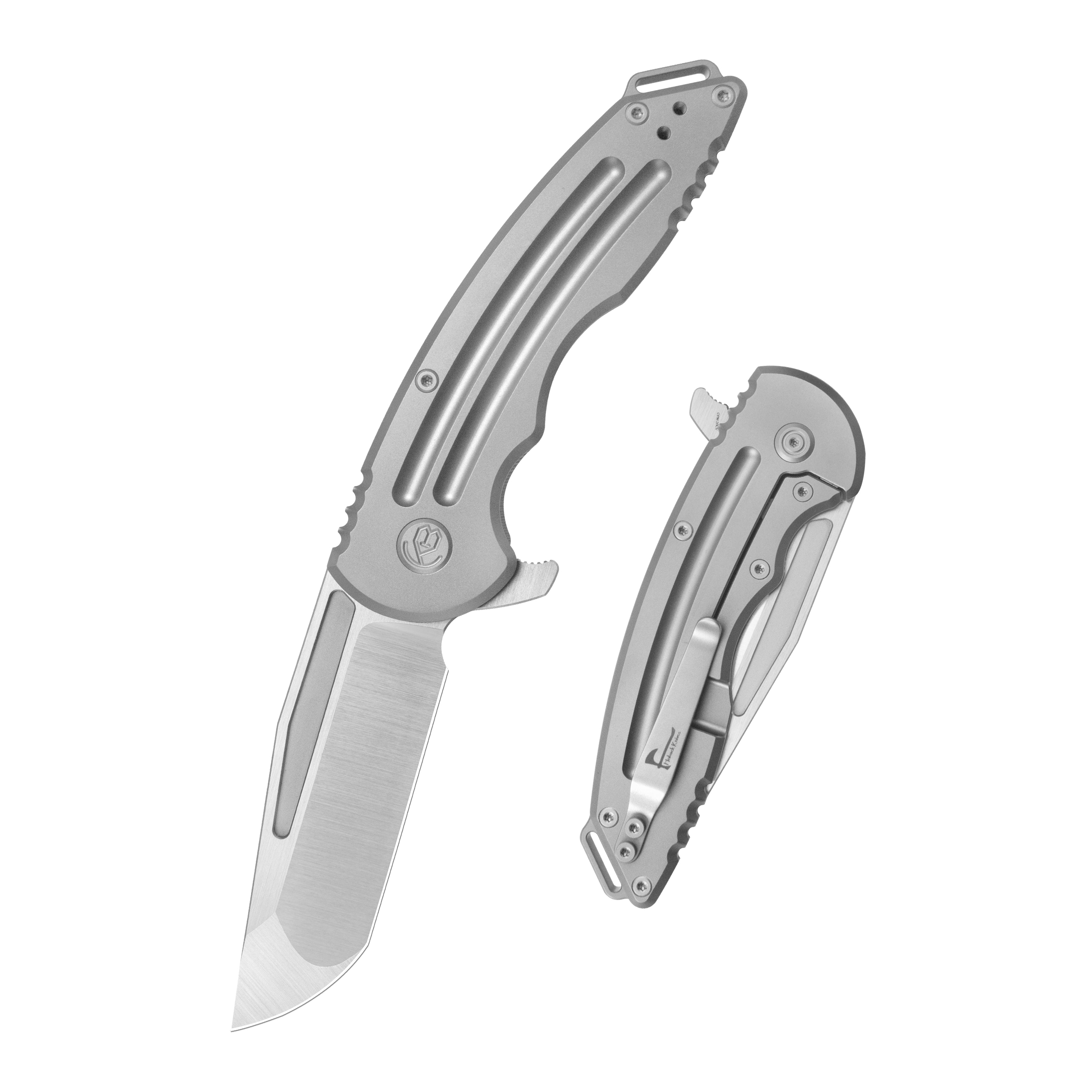KB Husky Tactical Flipper Folding Knife Grey Titanium Handle 3.70'' Belt Satin 20CV Blade KB476A