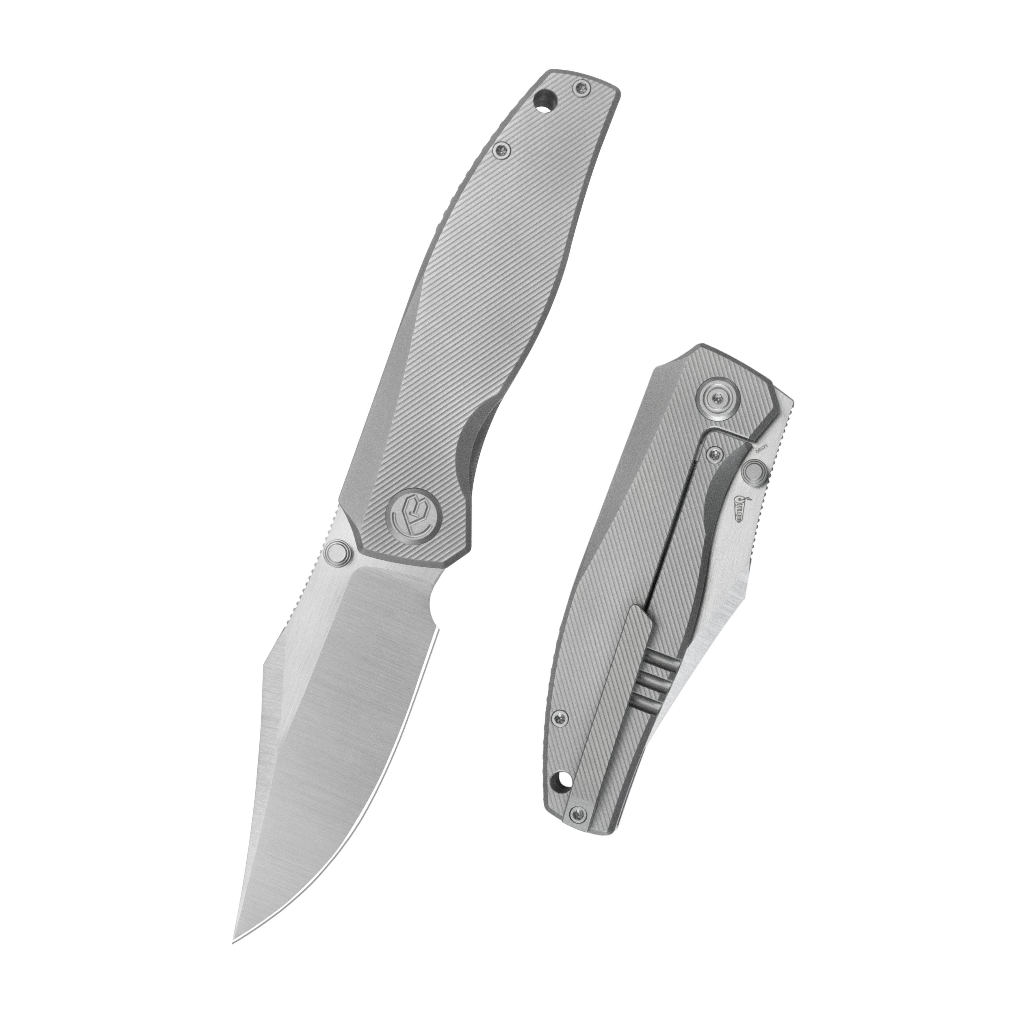 KB Classico Frame Locking Folding Knife Gray Sandblast Titanium Handle 3.38" Belt Satin M390 Blade KB478A
