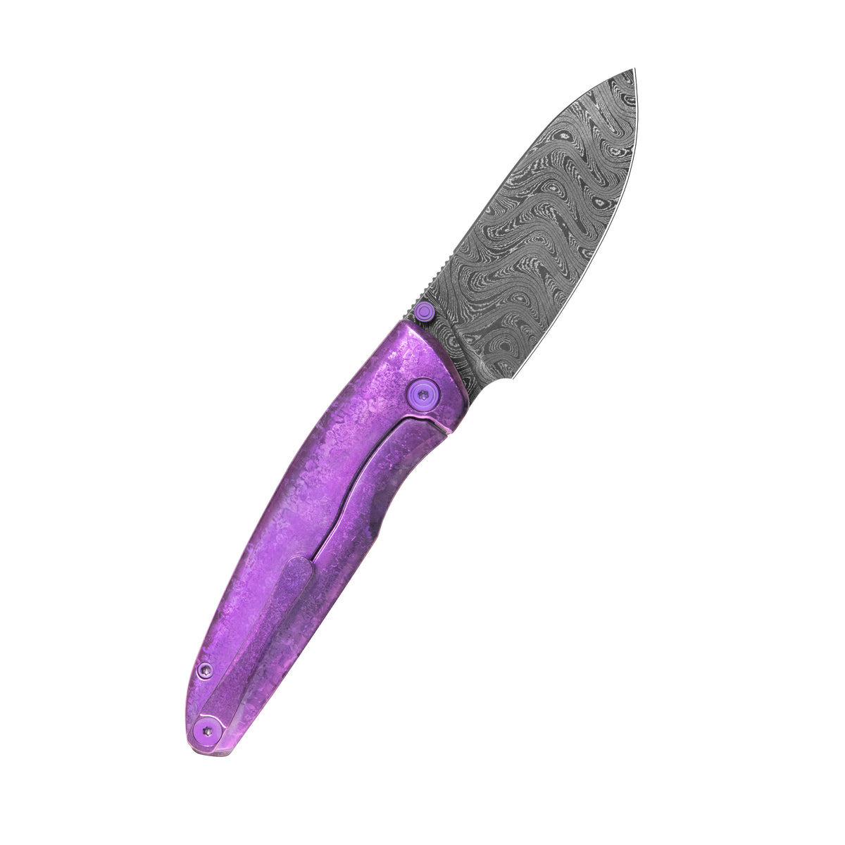 KB Cargo Folding Knife Purple Ano Crystallized Titanium Handle 3.15" Acid Wash Damassteel Blade KB480E