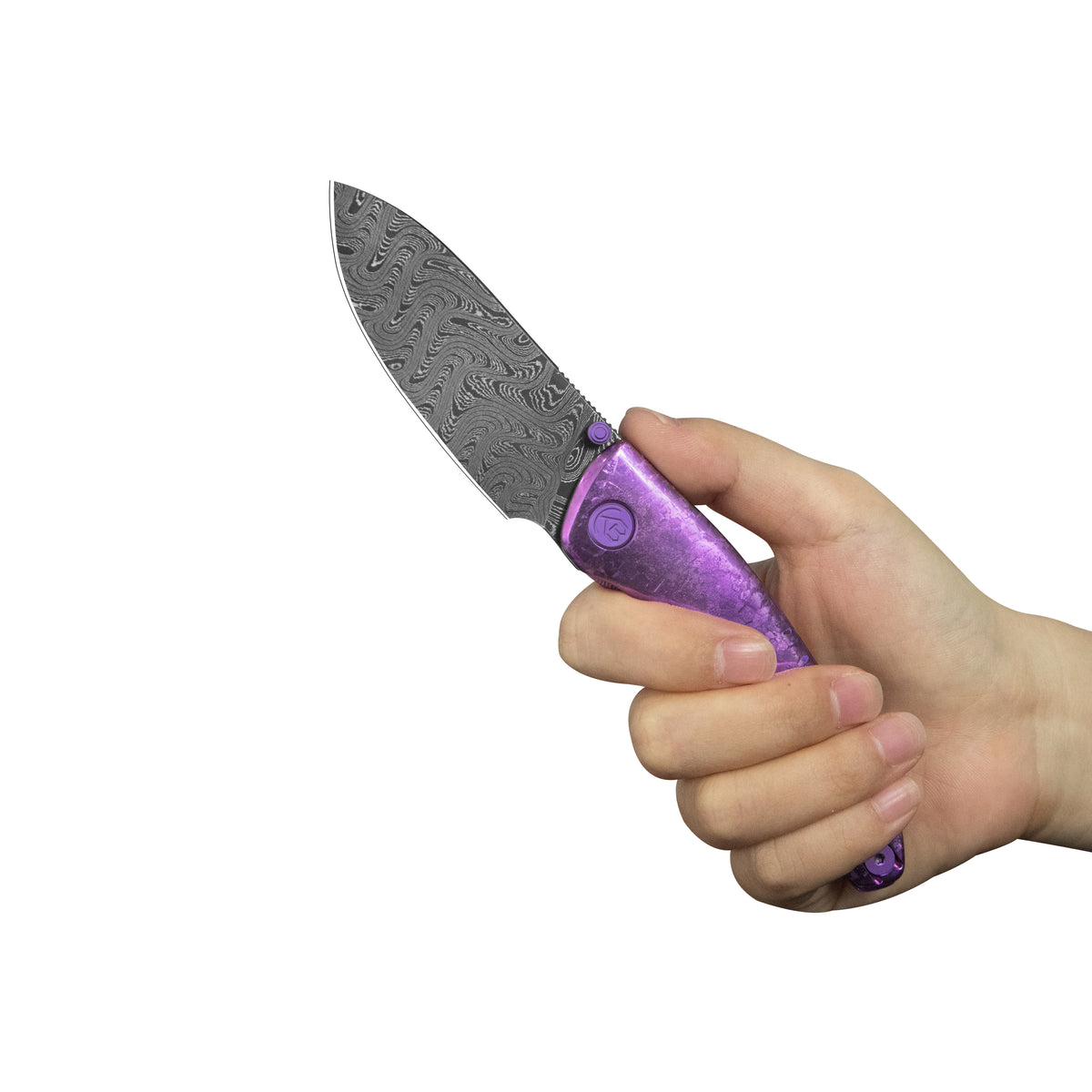 KB Cargo Folding Knife Purple Ano Crystallized Titanium Handle 3.15" Acid Wash Damassteel Blade KB480E