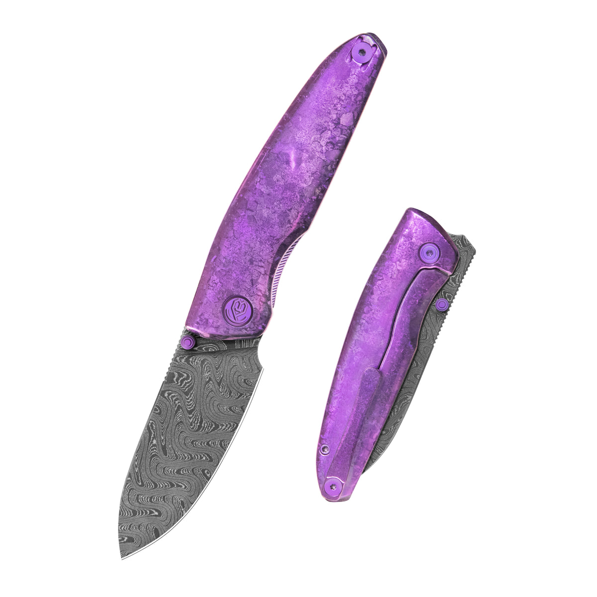 KB Cargo Folding Knife Purple Ano Crystallized Titanium Handle 3.15" Acid Wash Damassteel Blade KB480E