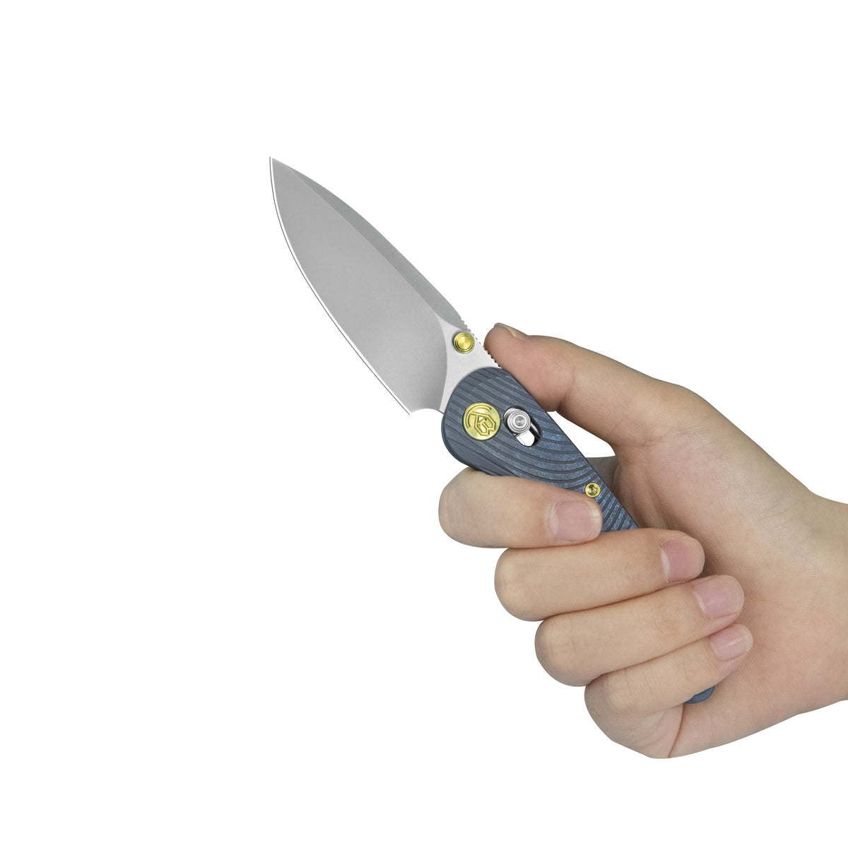 KB Small Pioneer Folding Knife Blue Ano Titanium Handle 2.99" Silver Bead Blast S90V Blade KB482C