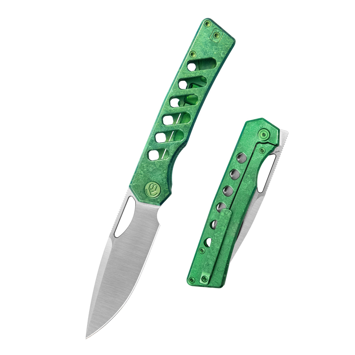KB Mako Frame Lock Folding Knife Green Ano Crystal Ti Handle 3.30" Belt Satin M390 Blade KB486D