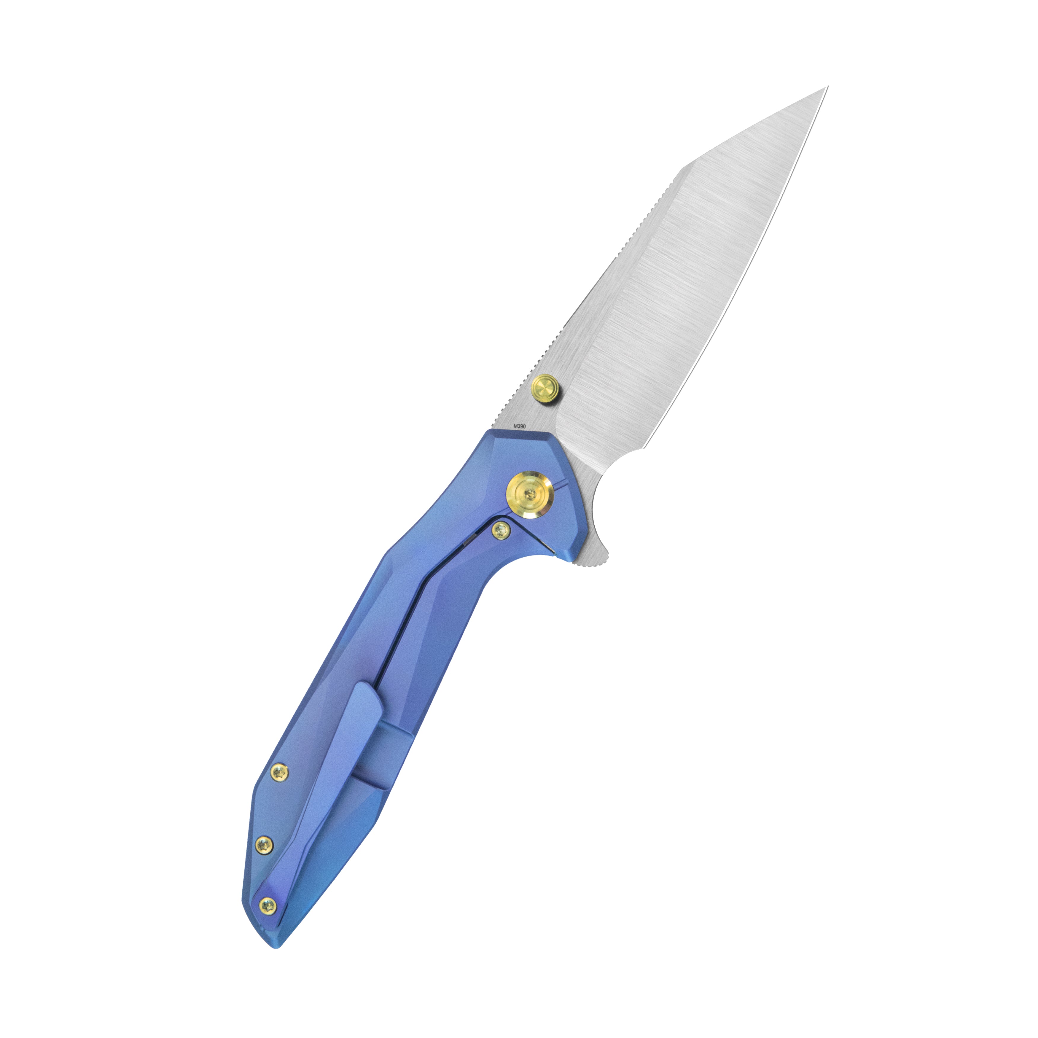 KB Nova Reverse Tanto Frame Locking Folding Knife Blurple Titanium Handle 3.66" Belt Satin M390 Blade KB495C
