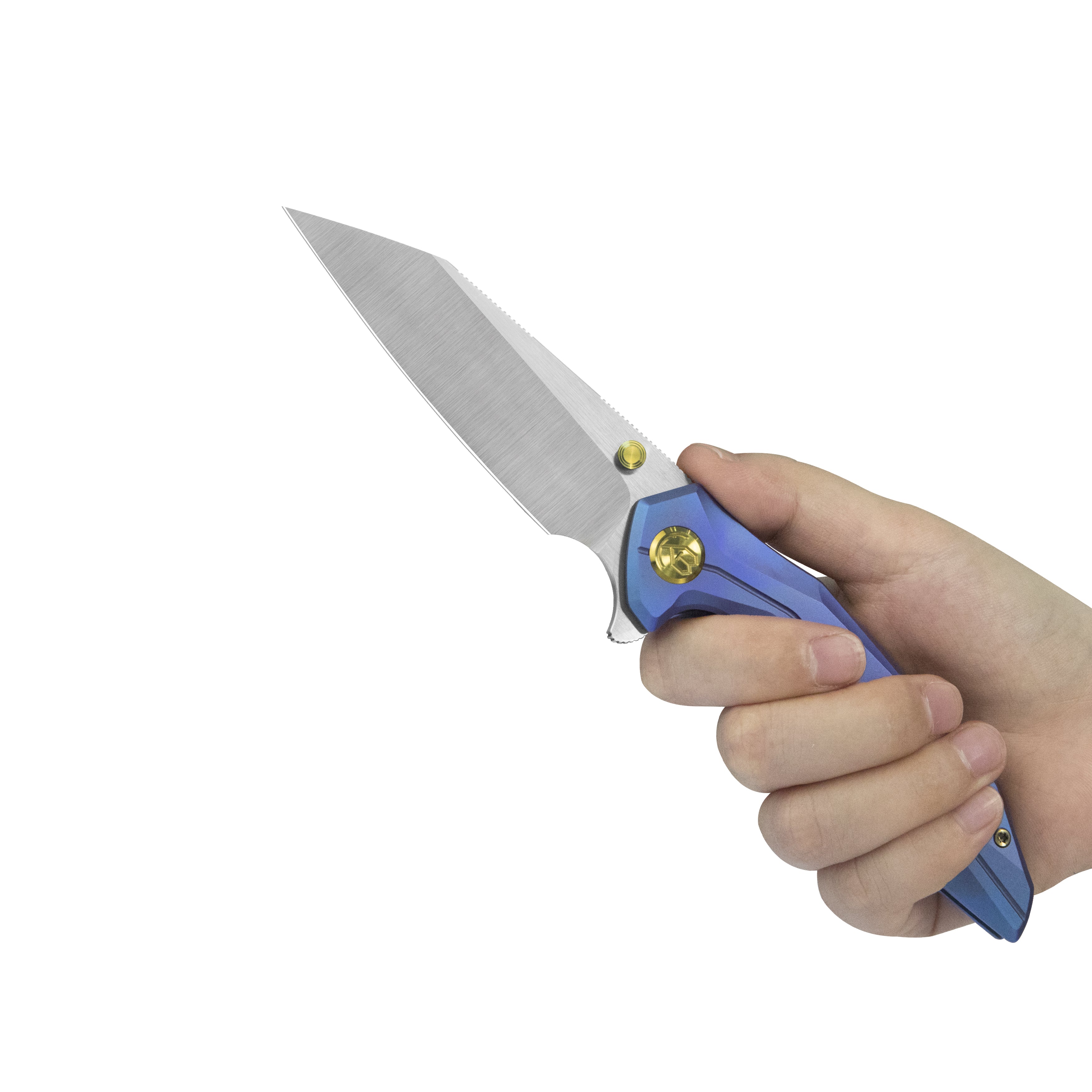 KB Nova Reverse Tanto Frame Locking Folding Knife Blurple Titanium Handle 3.66" Belt Satin M390 Blade KB495C