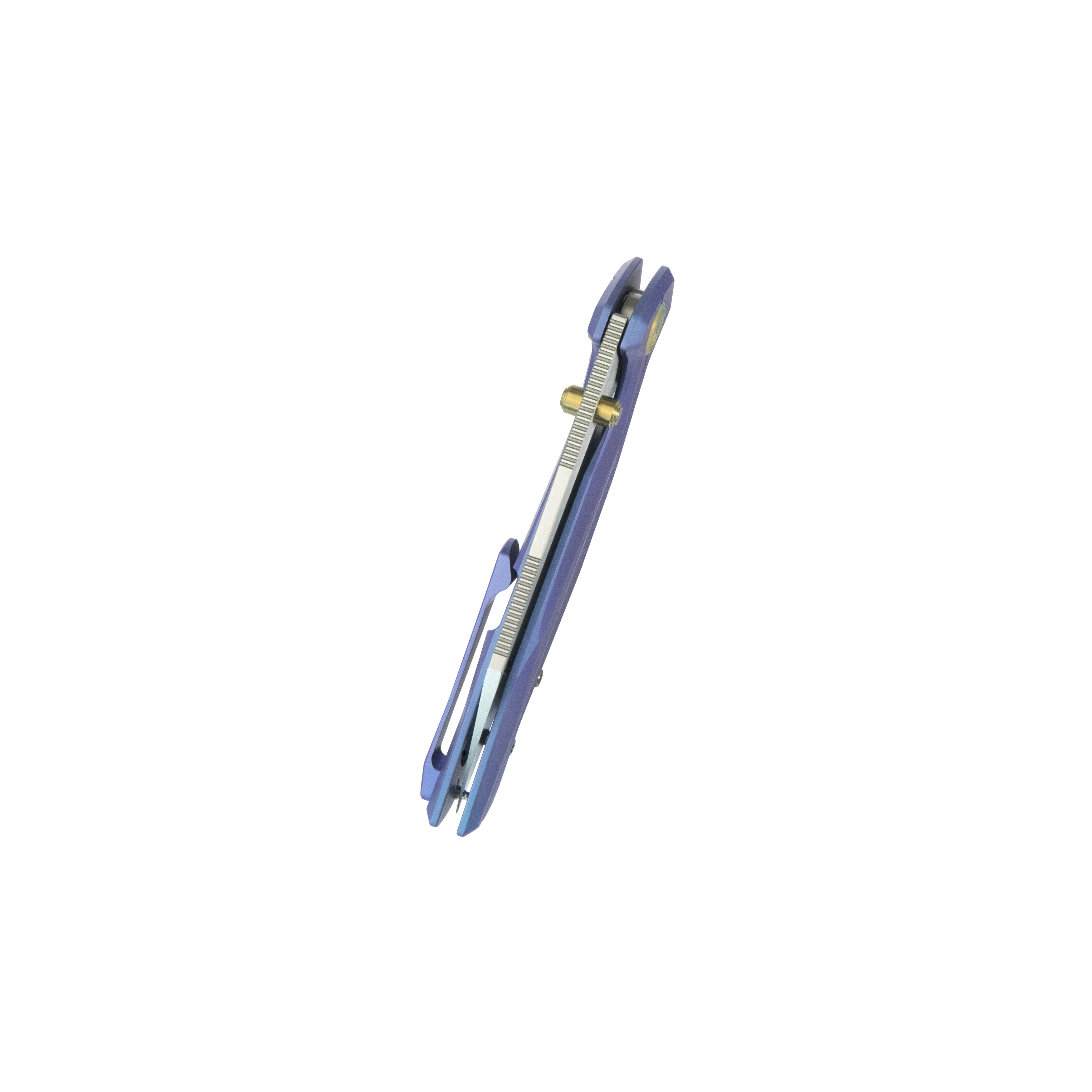 KB Nova Reverse Tanto Frame Locking Folding Knife Blurple Titanium Handle 3.66" Belt Satin M390 Blade KB495C