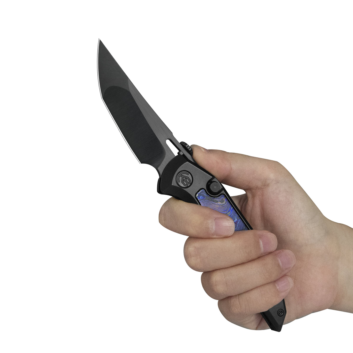 KB Hamano Folding Knife DLC Titanium with Zircuti inlay Handle 3.15" DLC Belt Satin M390 Blade KB516B