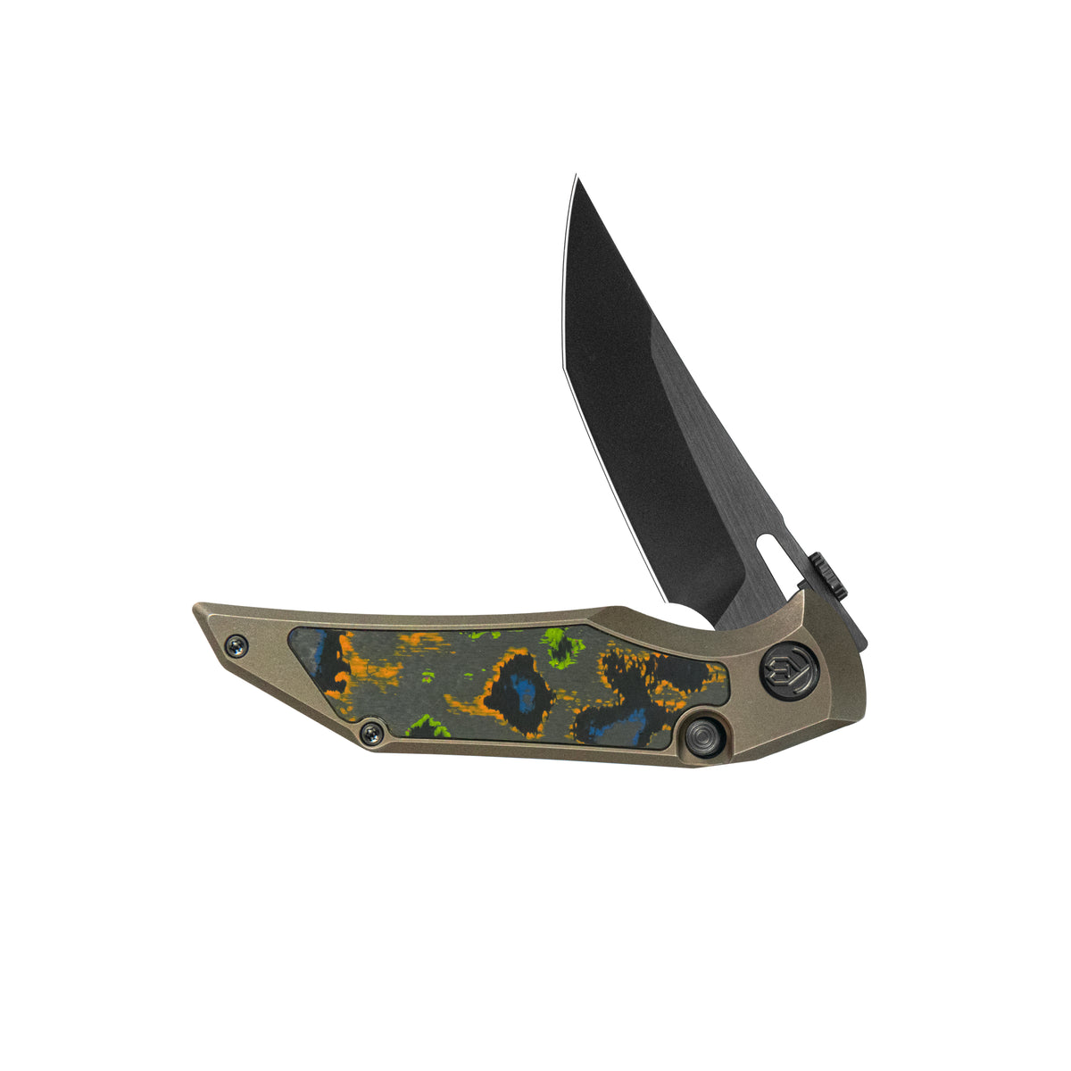 KB Hamano Folding Knife Bronze Ano Titanium with 80's Camo Carbon inlay Handle 3.15" DLC & Satin & Stonewash M390 Blade KB516A