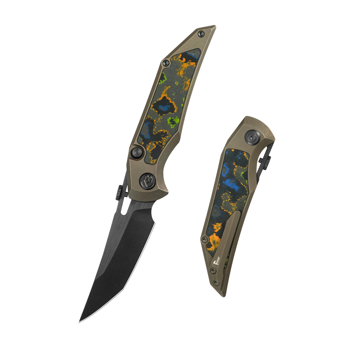 KB Hamano Folding Knife Bronze Ano Titanium with 80's Camo Carbon inlay Handle 3.15" DLC & Satin & Stonewash M390 Blade KB516A