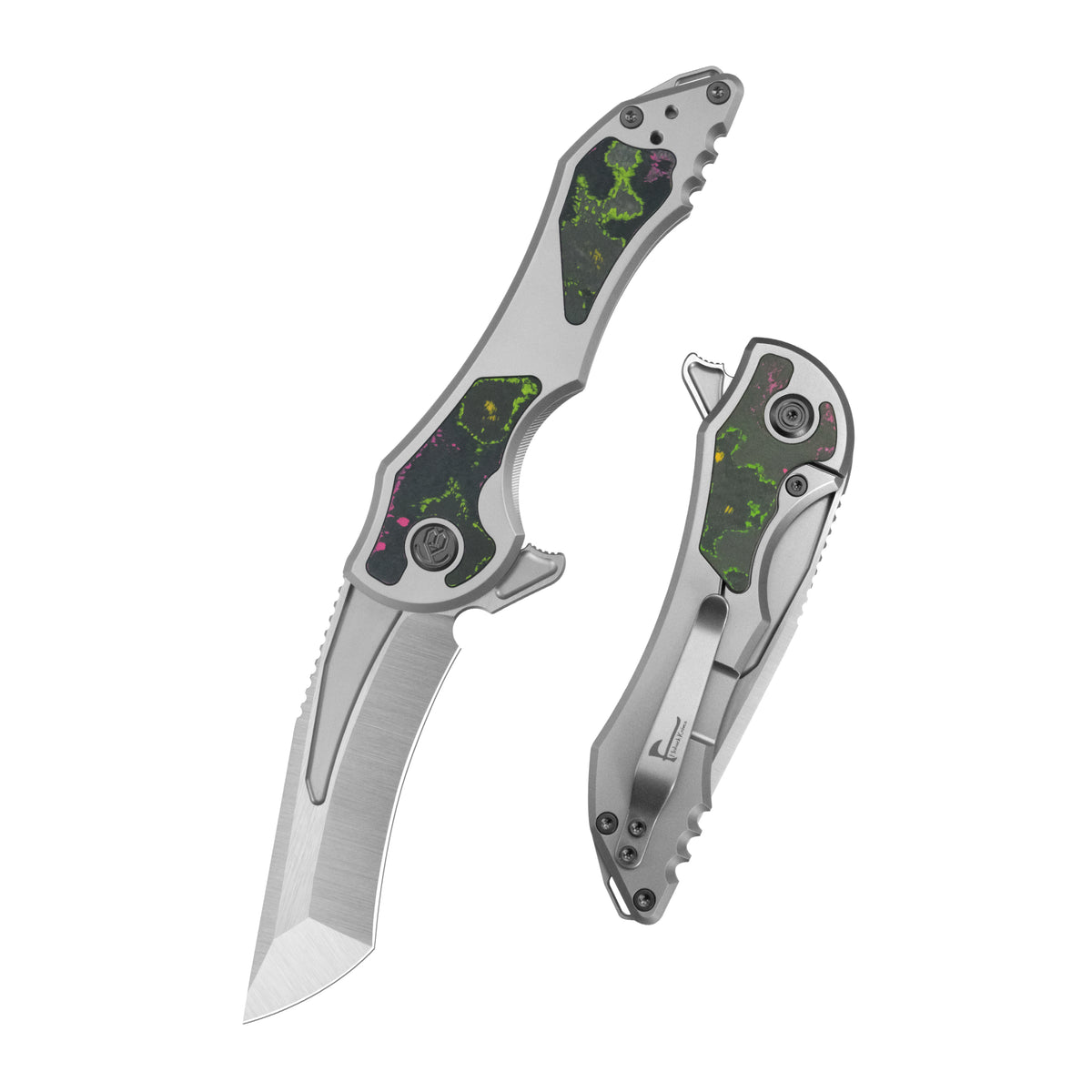 KB Coronado Folding Knife Sandblasting Titanium with 80's Camo Carbon inlay Handle 3.70'' Belt Satin M390 Blade KB517A